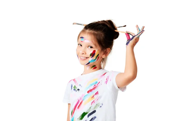 Happy Little Child Girl Colorful Paint Paintbrush Hair White Background — Foto de Stock