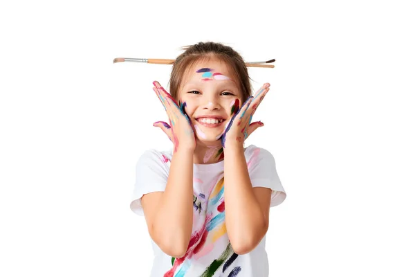 Happy Little Child Girl Colorful Paint Paintbrush Hair White Background — Stok fotoğraf