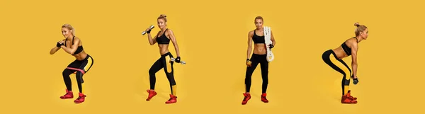 Zestaw Doskonałych Kobiet Sportowych Czarnej Odzieży Sportowej Trening Żółtym Tle — Zdjęcie stockowe