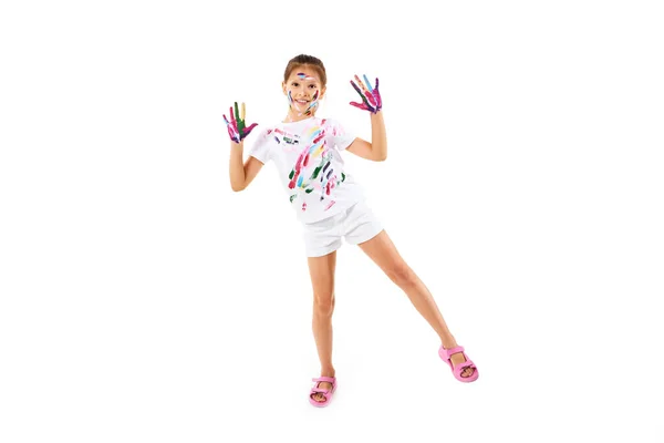 Smiling Little Child Girl Painted Colorful Paint White Background Full — Stockfoto