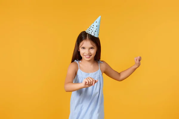 Happy Birthday Child Girl Blue Dress Party Hat Dancing Yellow — Stock Photo, Image