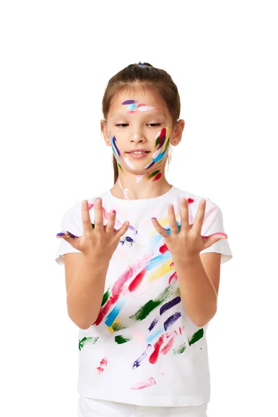 Little Child Girl Looking Her Hands Painted Colorful Paint Isolated — Stock Photo, Image