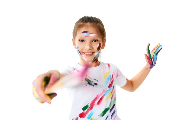 Little Child Girl Colorful Paint Holding Brush One Hand Isolated — 스톡 사진