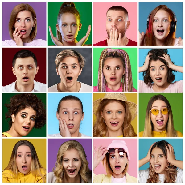 Collage Mujeres Jóvenes Hombres Sorprendidos Expresiones Cara Sorprendidos Fondo Estudio —  Fotos de Stock