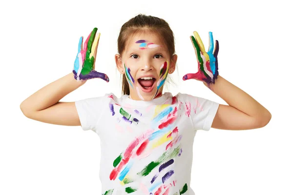 Happy Little Child Girl Hands Painted Colorful Paint Isolated White — Stok fotoğraf