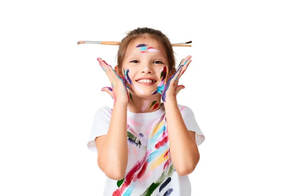 Happy Little Child Girl Colorful Paint Paintbrush Hair White Background —  Fotos de Stock