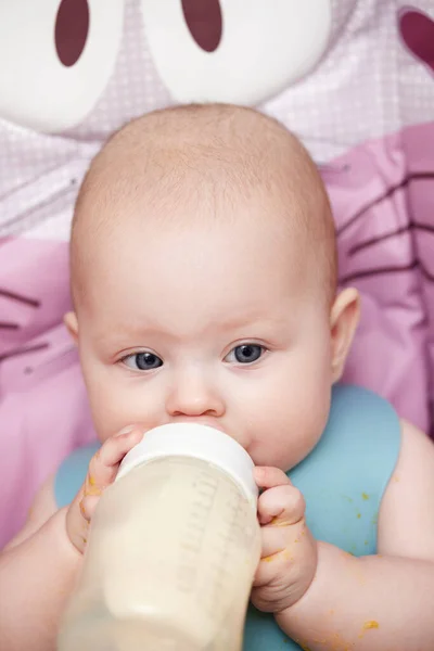 Adorable Baby Months Old Sits Drinks Milk Bottle — Stock Photo, Image