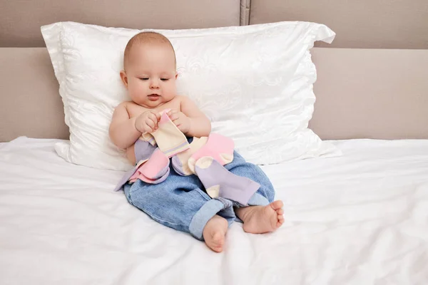 Cute Baby Girl Play Own Socks Bedroom — Stock Photo, Image