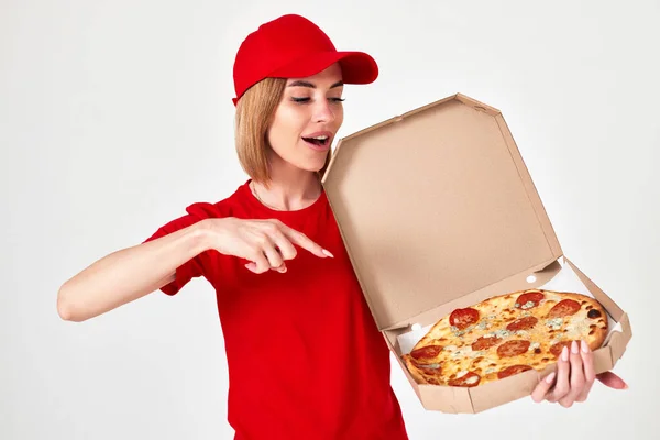 Pizza Delivery Girl Pointing Finger Pizza Isolated White Background — Stockfoto