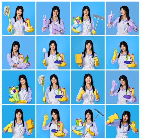 Collage Donna Caucasica Guanti Con Secchio Detergenti Isolato Fondo Blu — Foto Stock