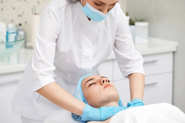 Young Beautiful Woman Receiving Facial Massage Spa Salon — Stock Photo, Image