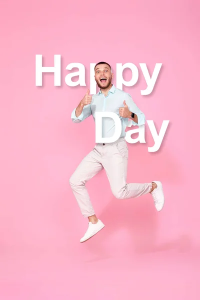 Happy Day Young Man Summer Clothes Jumping Pink Background Full — Stock Photo, Image