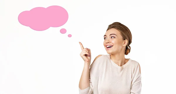 Smiling Young Beautiful Woman Pointing Pink Cloud Copy Space — Stock Photo, Image