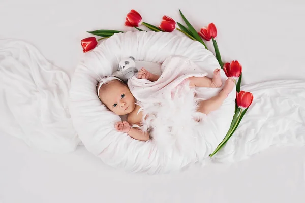 Söt Nyfödd Baby Klänning Med Fjädrar Vitt Och Röda Tulpaner — Stockfoto