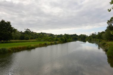 Güzel bir nehir, bulutlu bir gökyüzünün altında yemyeşil bitki örtüsüyle çevrili..