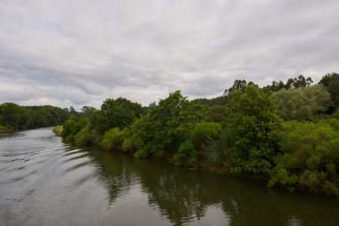 Güzel bir nehir, bulutlu bir gökyüzünün altında yemyeşil bitki örtüsüyle çevrili..