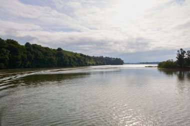 Kıyılarında bol bitki örtüsü olan bir nehrin güzel panoramik manzarası..
