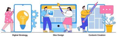 Dijital strateji, site tasarımı, küçük insanlarla içerik yaratma kavramı. Giden pazarlama soyut vektör çizimi seti. Yaratıcı yazma, web geliştirme ve mobil reklam metaforu.
