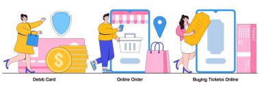 Banka kartı, online sipariş, küçük insanlarla bilet alma konsepti. Çevrimiçi ödeme vektör illüstrasyonu ayarlandı. Plastik para, internetten mal satın alma, e-ticaret alışverişi, mobil uygulama metaforu.
