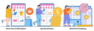 Niche service marketplace, app monetization, multi-device targeting concept with tiny people. Online retail vector illustration set. Buy and sell products, startup launch, mobile user metaphor. clipart