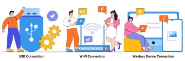 USB bağlantısı, kablosuz ağ bağlantısı, küçük insanlarla bağlantı kurma kavramı. Uzak bağlı aygıtlar soyut vektör illüstrasyon seti. Kablosuz internet yönlendirici, modem, veri depolama aygıtı metaforu.