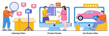 Boks videosu, ürün ve araba gözden geçirme konsepti. Video içeriği illüstrasyon seti. Günlük monetizasyonu, çevrimiçi test sürüşü, özellikler genel görünümü, derecelendirme hizmeti, reklam metaforu.
