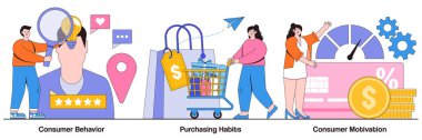Tüketici davranışları, satın alma alışkanlıkları, küçük insanlarla tüketici motivasyonu konsepti. Alıcı kişiliği ve satın alma süreci vektör illüstrasyonu seti. Müşteri satın alma, alışveriş alışkanlıkları metaforu.