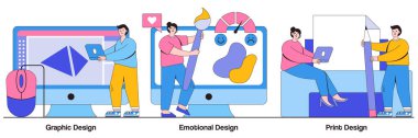 Grafik ve baskı tasarımı, küçük insanlarla duygusal ilişki konsepti. Tasarım hizmetleri vektör çizimi seti. İniş web sayfası, serbest çizer, kullanıcı deneyimi, iş kartı metaforu.