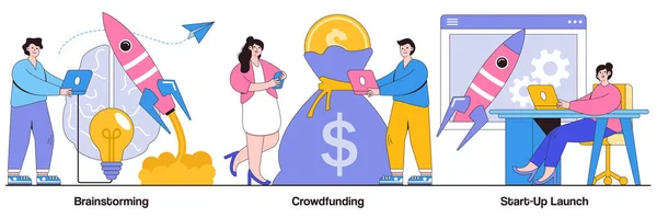 Brainstorming Crowdfunding Start Launch Konzept Mit Winzigen Leuten Mitarbeiter Des — Stockvektor