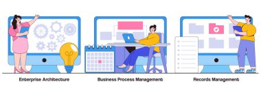 Atılgan mimarisi, iş süreci ve küçük insanlarla kayıt yönetimi konsepti. Kurumsal yazılım soyut vektör çizimi seti. IT sistem çözümü, belge ve dosya izleme metaforu.