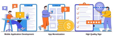 Mobil uygulama geliştirme, uygulama para kazanma, küçük insanlarla yüksek kalite işaret konsepti. Soyut vektör illüstrasyon seti kazanç sağlar. Akıllı telefon yazılımı, başarılı metafor.