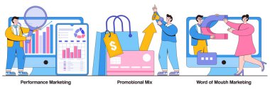 Performans reklam kampanyası, promosyon karışımı, küçük insanlarla ağız pazarlama kavramı. Promosyon stratejisi vektör illüstrasyonu ayarlandı. Satışlar, marka sadakati, referans satış metaforu.