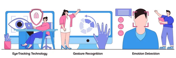目追跡技術 ジェスチャー認識 小さな人々との感情検出コンセプト 現代のセンサー技術ベクトルイラストセット 人間のコンピュータとユーザインタフェースの相互作用方法 Meaphet — ストックベクタ