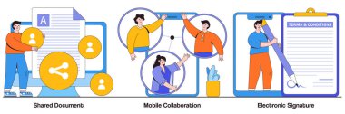 Paylaşılan belge, mobil işbirliği, insanlarla elektronik imza konsepti. Dijital belgeleme vektör çizimi seti. Uzak meslektaşlar bağlantısı, sözleşme imzalama metaforu.