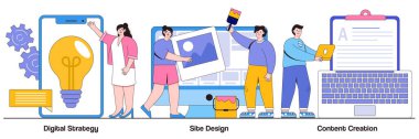 Dijital strateji, site tasarımı, insan karakteriyle içerik yaratma kavramı. Giden pazarlama soyut vektör çizimi seti. Yaratıcı yazma, web geliştirme ve mobil reklam metaforu.