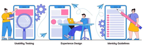 Användbarhetstester Upplevelsedesign Identitetsriktlinjer Koncept Med Människokaraktär App Prototyp Abstrakt Vektor — Stock vektor