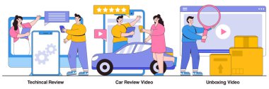 Teknik inceleme, araba inceleme videosu, küçük insanlarla yapılan boks videoları. Ürün istemcisi geribildirim karikatürü soyut vektör çizimi seti. Müşteri deneyimi, pazarlama metaforu.