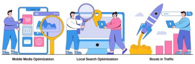 Mobil medya optimizasyonu, yerel arama, küçük insanlarla trafik konseptinde artış. SEO strateji vektör illüstrasyonu ayarlandı. Arama motoru hedefleme, iş dijital tanıtımı, ziyaretçi büyüme metaforu.