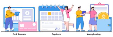 Banka hesabı, maaş çeki, küçük insanlarla borç verme konsepti. Para transferi soyut vektör çizimi seti. Çevrimiçi bankacılık, mevduat, maaş bordrosu, banka kartı detayları, metafor.