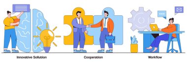Yenilikçi çözüm, işbirliği, küçük insanlarla iş akışı konsepti. Etkili çalışma soyut vektör illüstrasyon seti. Yaratıcı fikirler üretimi, takım oluşturma, üretkenlik yönetimi metaforu.