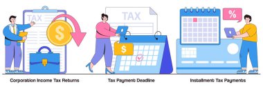 Kurumsal gelir vergisi iadeleri, vergi ödeme tarihi, taksitlendirme konsepti küçük insanlarla. Vergi ödeme koşulları soyut vektör illüstrasyon seti. Gelir vergisi metaforu.