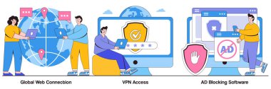 Global web bağlantısı, VPN erişimi, küçük insanlarla yazılım engelleme konsepti. Ağ erişimi vektör illüstrasyon seti. Uzak vekil sunucu, web tarayıcı, bilişim teknolojisi, eklenti eklentisi metaforu.