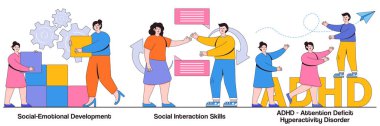 Sosyal-duygusal gelişim, sosyal etkileşim becerileri, dikkat eksikliği hiperaktivite bozukluğu konsepti küçük insanlarla. Çocuk psikolojisi soyut vektör çizimi.