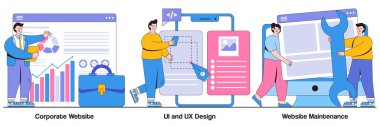 Şirket web sitesi, UI ve UX tasarımı, insan karakterli web sitesi bakım konsepti. Web geliştirme vektör illüstrasyonu. Grafik tasarım hizmeti, mobil uygulama, kullanıcı arayüzü, destek metaforu.