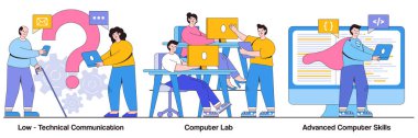 Düşük teknik iletişim, bilgisayar laboratuvarı, insan karakteriyle gelişmiş beceri kavramı. Bilgisayar becerileri vektör illüstrasyon seti gerektiriyor. Bilgi İşlem, yaşlılar için aygıtlar, laboratuvar.