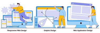 Tepkili web tasarımı, grafik tasarımı, insan karakterli web uygulama tasarımı konsepti. Uyumlu programlama vektör illüstrasyon seti. Çoklu aygıt geliştirme, yazılım mühendisliği metaforu.