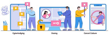 Siber zorbalık ve doping, insan karakteriyle kültür kavramını iptal et. İnternet taciz vektör illüstrasyonu seti. Özel içerik, şöhret utancı, hacker saldırısı, sosyal medya boykotu metaforu.