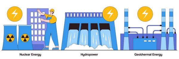 Kerncentrale Waterkracht Geothermische Energie Concept Met Mensen Karakter Energiebronnen Abstracte — Stockvector