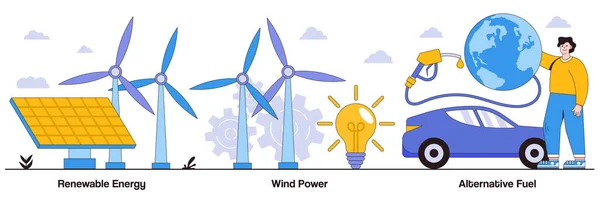 Erneuerbare Energien Windkraft Alternatives Kraftstoffkonzept Mit Menschencharakter Illustrationsset Für Saubere — Stockvektor