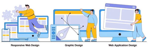 レスポンシブWebデザイン グラフィックデザイン 人のキャラクターを持つWebアプリケーションデザインコンセプト 適応型プログラミングベクトルイラストセット マルチデバイス開発 ソフトウェアエンジニアリングのメタファー — ストックベクタ